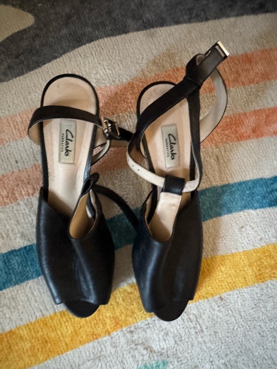 Clarks Shoes - Clarks Black and White Leather Peep-Toe Slingbacks